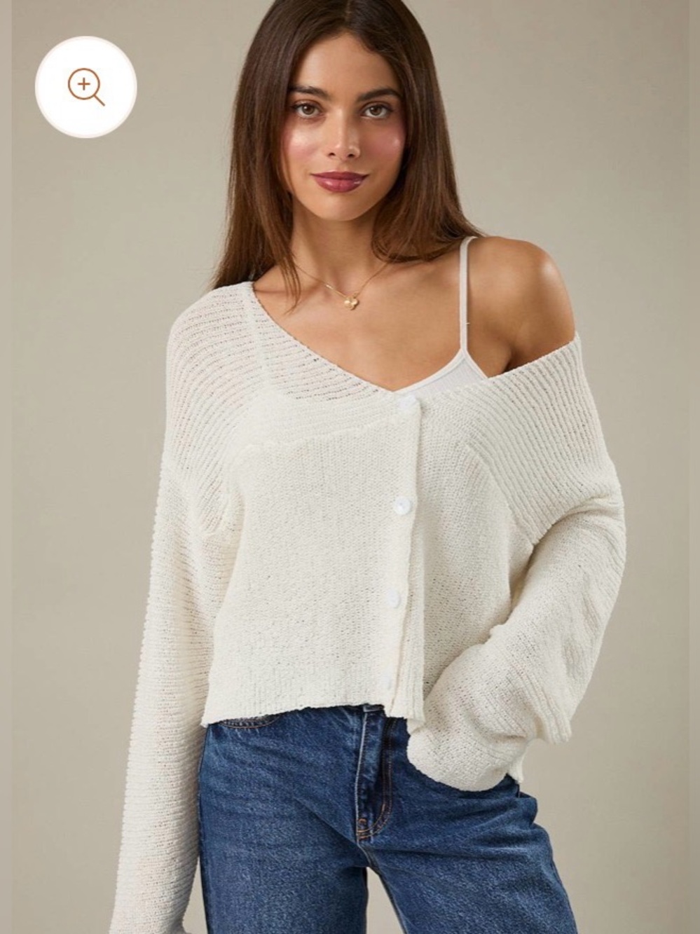 113. Off-Shoulder Cropped Button Front Cardigan - Cream